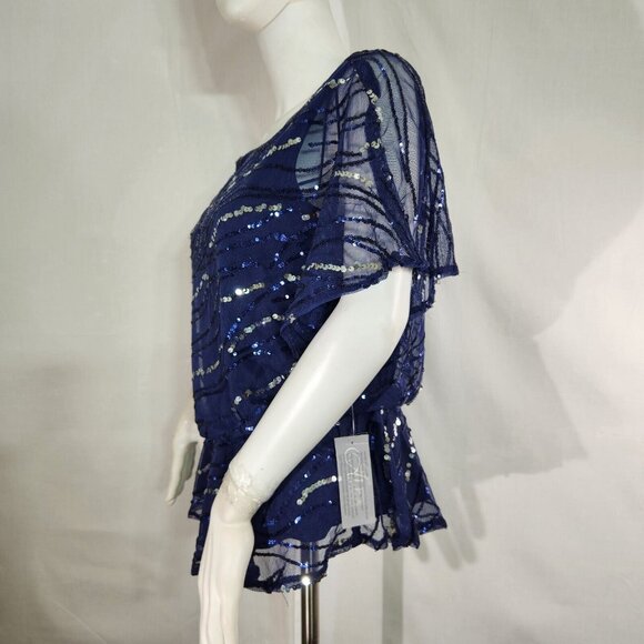 Alex Evenings Women's Sequined Short Sleeve Scoop Neck Blue Top Blouse Size S 12 - Picture 2 of 12